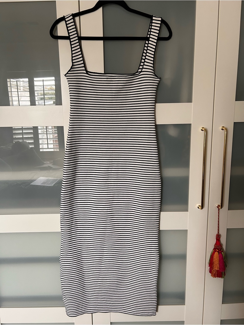 Zara Black & White Striped Square-Neck Midi Dress